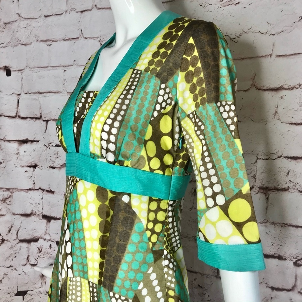 MILLY of NEW YORK Turquoise + Green Mod Print Top 3/4 sleeves Size 2 - Picture 10 of 16